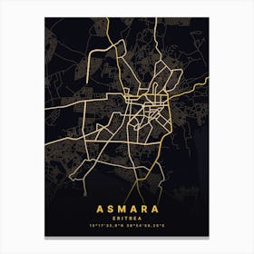 Asmara Eritrea Black And Gold Map Canvas Print