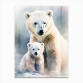 Cub Polar Bear With Mom Watercolor Canvas Print