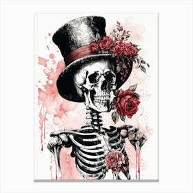 Floral Skeleton With Hat Ink Painting (49) Canvas Print