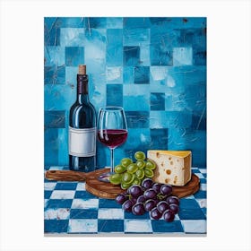 Wine Cheese & Grapes Blue Checkerboard 1 Canvas Print