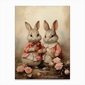 Two Rabbits With Roses Canvas Print