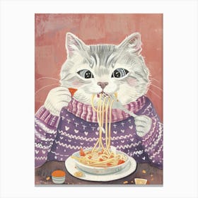 Grey Cat Eating Pasta Folk Illustration 4 Canvas Print