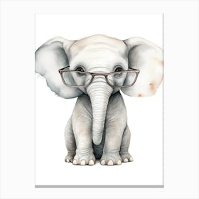 Smart Baby Elephant Wearing Glasses Watercolour Illustration 2 Canvas Print