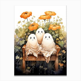 Cute Bedsheet Ghost, Botanical Halloween Watercolour 39 Canvas Print