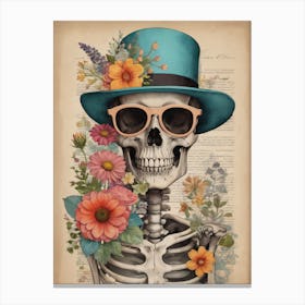 Vintage Floral Skeleton With Hat And Sunglasses (5) Canvas Print