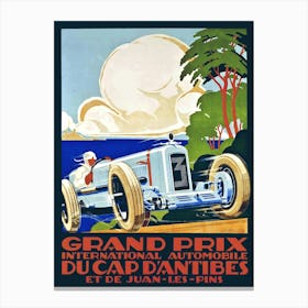 Antique 1929 racing poster by Alexis Kow Grand Prix in Cap D'Antibes which is a Mediterranean resort in the Alpes-Maritimes department of southeastern France, on the Côte d'Azur between Cannes and Nice. Canvas Print