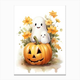 Cute Ghost With Pumpkins Halloween Watercolour 71 Canvas Print