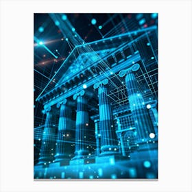 Futuristic, Abstract Image Of A Bank Building Constructed From Blue Lines And Grids Canvas Print