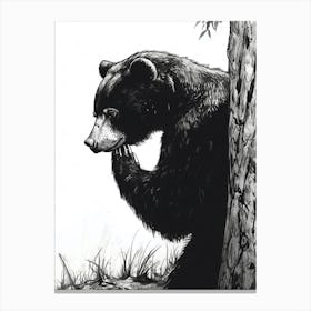 Malayan Sun Bear Scratching Its Back Against A Tree Ink Illustration 4 Canvas Print