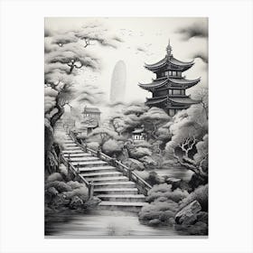 Hachijo Jima In Tokyo, Ukiyo E Black And White Line Art Drawing 2 Canvas Print