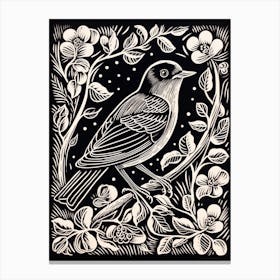 B&W Bird Linocut Robin 4 Canvas Print