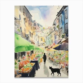 Food Market With Cats In Porto 2 Watercolour Canvas Print