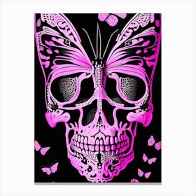 Skull With Butterfly Motifs Pink Linocut Canvas Print