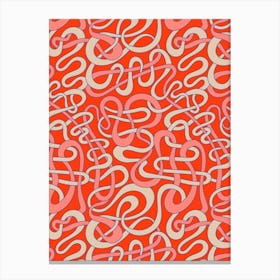 MY STRIPES ARE TANGLED Curvy Organic Abstract Squiggle Shapes in Retro Salmon Pink Cream Sapphire Blue on Coral Red Canvas Print