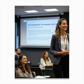 Businesswoman Exuding Confidence Stands At The Forefront Of A Well Attended Training Seminar Audien (2) Canvas Print