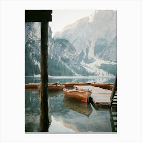 Lago Di Braies Boats At A Lake In The Dolomites Italy Canvas Print