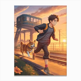 Dreamshaper V7 Anime Style Style Young Man Running Next To A P 2 Canvas Print