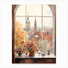 Window View Of Copenhagen Denmark In Autumn Fall, Watercolour 4 Canvas Print