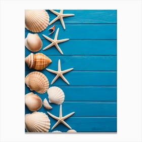 Sea Shells On Blue Wooden Background Canvas Print