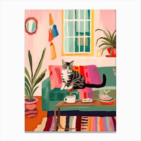 Cat On A Sofa In Boho Living Room Painting Animal Lovers Canvas Print