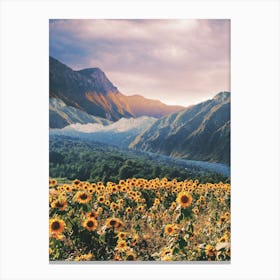 Landscape With Sun Flowers And Mountains Canvas Print