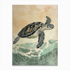 Sea Turtle & The Waves Vintage Illustration 2 Canvas Print