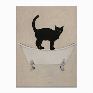Black Cat On Bathtub Brown & Black Canvas Print