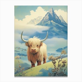 Blonde Animated Highland Cow With Mountain In The Background Canvas Print