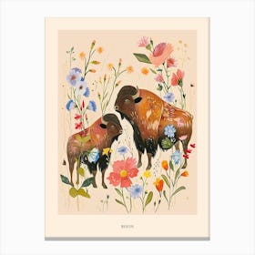 Folksy Floral Animal Drawing Bison 4 Poster Canvas Print