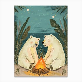 Polar Bear Two Bears Sitting Together By A Campfire Storybook Illustration 3 Canvas Print