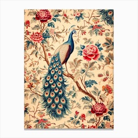 Vintage Peacock Wallpaper With Vibrant Flowers  3 Canvas Print