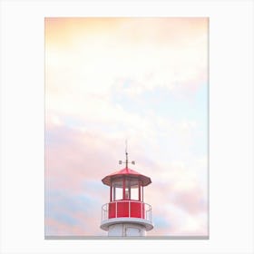 New York, USA I Coney Island lighthouse pink sky from sunset sky to candy pink pastel aesthetic coastal photography red in color on the beach of the east coast of USA for a seaside coastal home Canvas Print