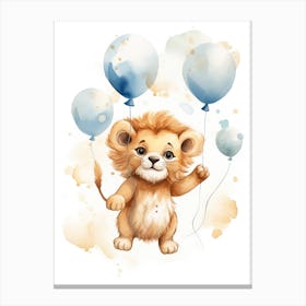 Baby Lion Flying With Ballons, Watercolour Nursery Art 2 Canvas Print