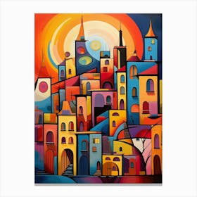Old Town at Sunrise, Vibrant Colorful Abstract Painting in Cubism Style Canvas Print