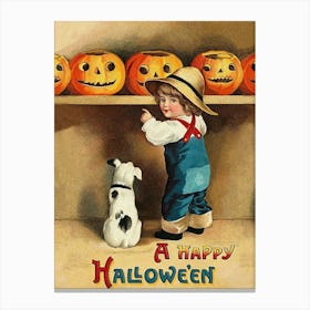 Happy Halloween, Little Boy Is Choosing The Best Pumpkin From A Shelf Canvas Print