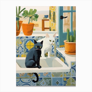 Black And White Cats In The Kitchen Sink, Mediterranean Style 1 Canvas Print