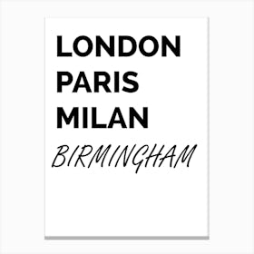 Birmingham, Paris, Milan, Print, Location, Funny, Art, Canvas Print