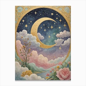 Moon, Stars And Flowers Canvas Print