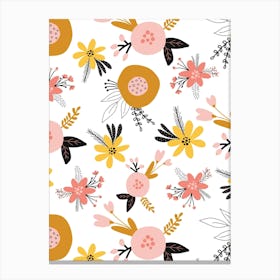 Abstract Scandinavian Floral Yellow, Pink, Black, White Canvas Print