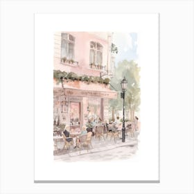 Paris Street Cafe Scene Pink Illustration Watercolour Canvas Print