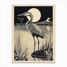 B&W Bird Linocut Great Blue Heron 1 Canvas Print