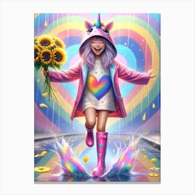 happy young girl, colorful rainbows and sunflowers Canvas Print