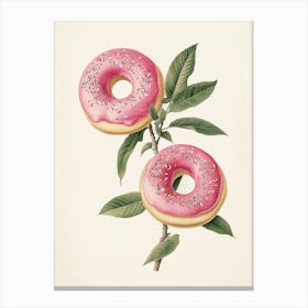 Botanical Illustration Of Pink Doughnuts With Sprinkles On A Branch With Green Leaves And A White Background Canvas Print