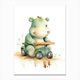 Baby Hippopotamus On Toy Car, Watercolour Nursery 1 Canvas Print