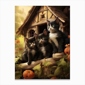 Cute Cats With A Medieval Cottage In The Background 8 Canvas Print
