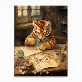 Tiger Illustration Solving Puzzles Watercolour 3 Canvas Print
