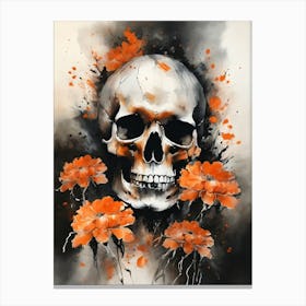 Abstract Skull Orange Flowers Painting (29) Canvas Print