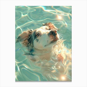 High Angle,The Black And White Scottish Border Collie Is Swimming Towards You With A Toy Ball In Its Mouth In Water Wallpaper,Hyper Realistic Water, Mesmerizing Composition, Sparkling Water Reflection, Pink And Light Aquamarine, Ul Canvas Print