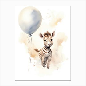 Baby Zebra Flying With Ballons, Watercolour Nursery Art 4 Canvas Print