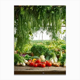 A Tranquil Domestic Garden Overflowing With Vibrant Vegetables Gleaming Tomatoes Peep From The Le (3) Canvas Print